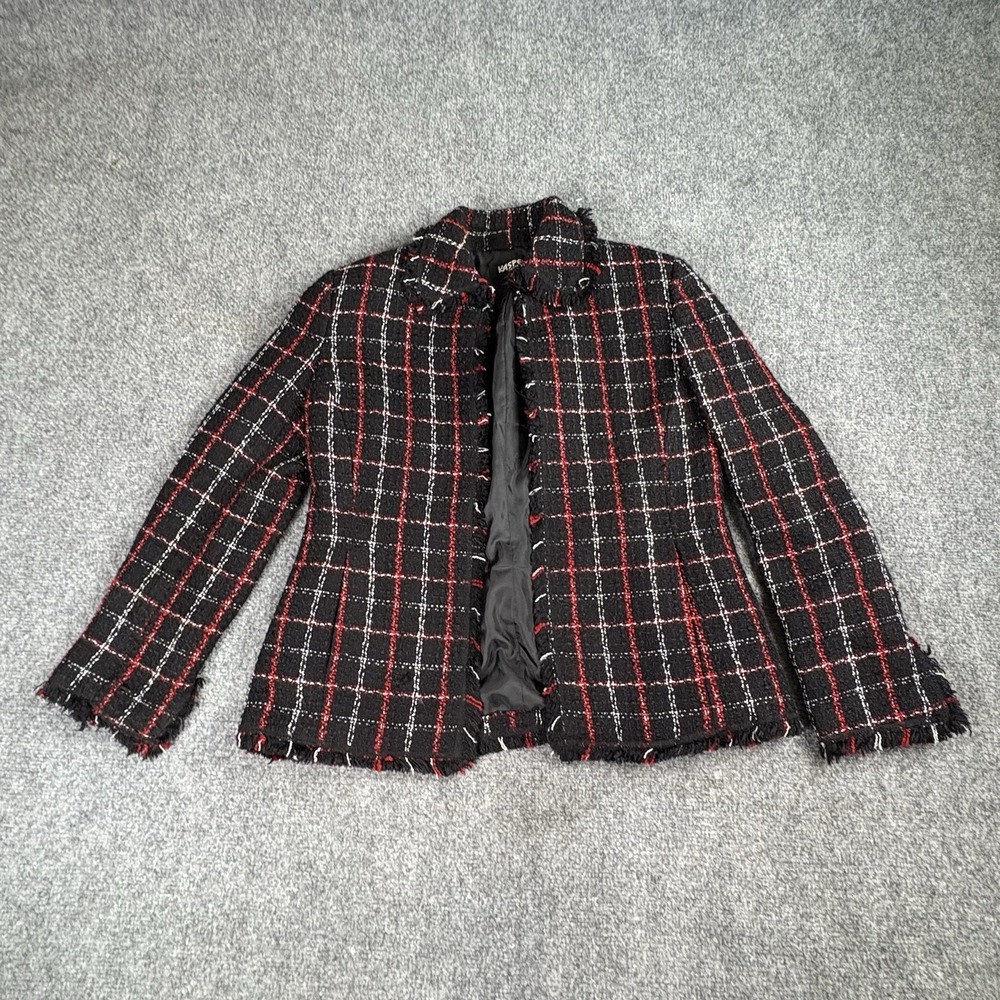Kasper Tweed Jacket Women SP‎ Black Red Plaid Preppy Academia Classic Fuzzy